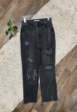 Pacsun 25 Washed Black Distressed Raw Hem High-Rise Button Fly Straight Jeans